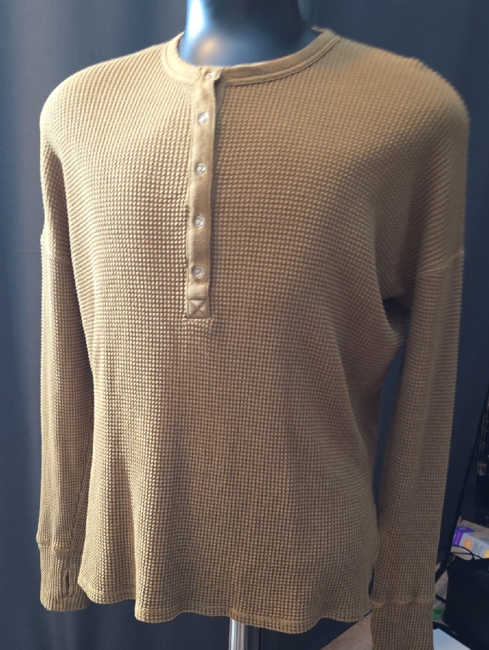 Offline Aerie Green Brown Waffle Knit Top Buttons And Thumb Holes SMALL